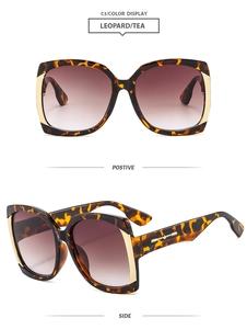 Detail view of square leopard print sunglasses with brown gradient lenses from two angles