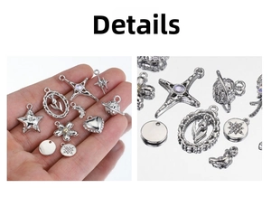 Macro view of assorted silver charms featuring hearts, stars, and pearls for DIY jewelry