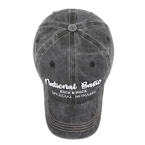 Vintage washed charcoal baseball cap featuring white National Basic embroidery and stitching