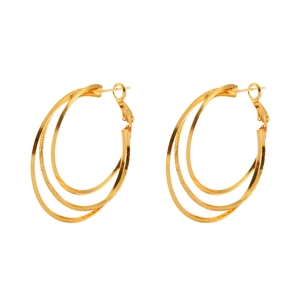Elegant gold-tone triple layer circle hoop earrings with textured finish and pin closure