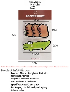 Detailed specs of acrylic Capybara hair clips showing material and size measurements