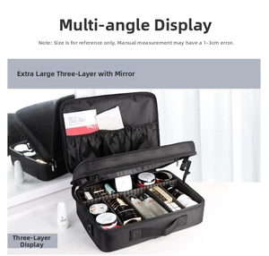 Macro view of a large black makeup bag featuring adjustable dividers and built-in mirror