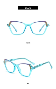 Detailed front and 45-degree angle views of blue translucent anti-blue light glasses