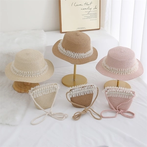 Girl's lace pearl straw hat and mini bag set in cream, brown, and pink colors