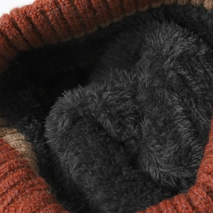 Winter knit beanie with thick black faux fur lining for warmth and wind protection