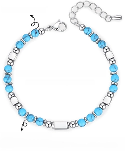 Close-up of 4mm turquoise stone beads and 316L stainless steel bracelet details