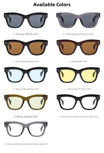 Detailed grid of fashion square sunglasses in various colors and anti-blue light lenses