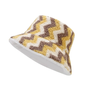 Thick plush bucket hat featuring yellow wave patterns and warm fleece lining