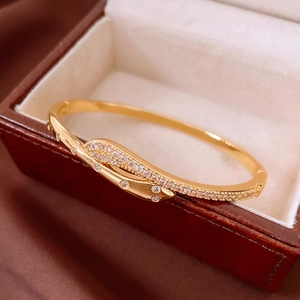 Macro shot of gold-plated snake bracelet with pavé cubic zirconia on jewelry box