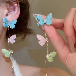 Butterfly Long Tassel Earrings Colorful Enamel Copper With 925 Sterling Silver Earring Post Zircon Sweet Jewelry