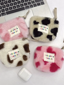 Plush Mini Pouch Coin Purse Fashion Portable Makeup Earphone Storage Bag Heart Leopard Pattern Zipper Wallet Women Girls