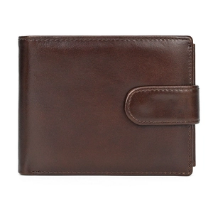 Close-up of a dark brown leather bi-fold wallet featuring a snap fastener closure