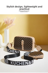 Detail of printed crossbody bag set with wide jacquard strap on a modern background