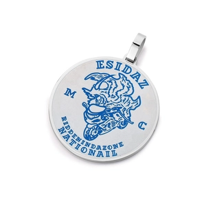 Punk silver round pendant necklace with blue engraved motorcycle design and lettering