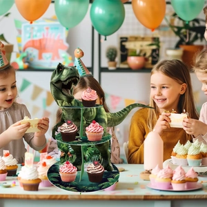 Alzatina per cupcake a 3 livelli a tema dinosauro T-Rex per festa di compleanno