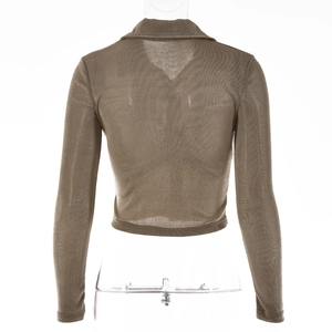 Back view of brown long sleeve slim-fit top with textured sheer fabric and collar detail