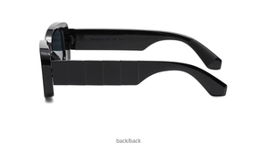 Side view of square sunglasses featuring wide temples with geometric faceted details