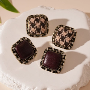 Vintage houndstooth and burgundy square stud earrings with rhinestones on stone tray