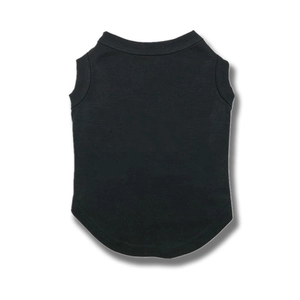 Detail of black cotton dog vest showing the neck binding and premium knit fabric texture