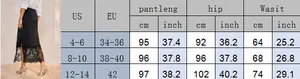 Detailed size chart for lace patchwork midi skirt with US and EU measurement guide