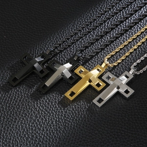 Men's hip hop double hollow cross necklaces in black, gold and silver on leather