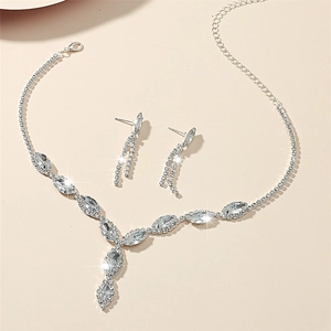 Elegant silver necklace and earring set with sparkling leaf-shaped clear rhinestones