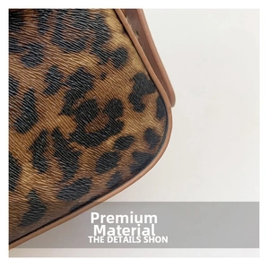 Close-up of the leopard print faux leather texture with detailed lychee grain finish