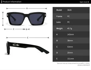 Detailed size chart for square sunglasses showing lens width and frame measurements