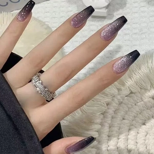 Cat Eye Press On Nagels Lange Kistvorm Glitter Gradiënt Zwart Paars Hars Kunstnagels Voor Dames