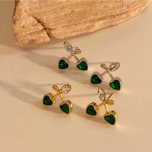 Chic cherry heart earrings with green crystals and sparkling zircons in gold and silver