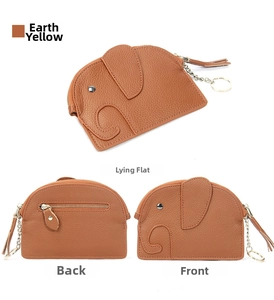 Mini elephant-shaped genuine leather coin purse in earthy yellow with gold zipper