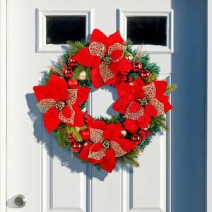Artificial Christmas Wreath Poinsettia Pine Needle Red Gold Ball Berry Ornament Front Door Wall Hanging Holiday Decor