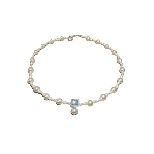 Elegant French gold plated pearl necklace with a square blue opal pendant and silver accents