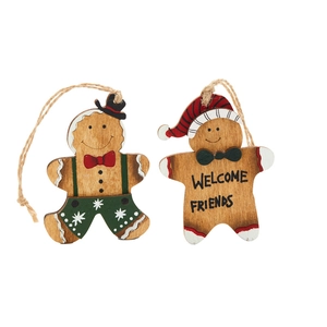 Set of two handcrafted wooden gingerbread man Christmas ornaments with welcome friends text