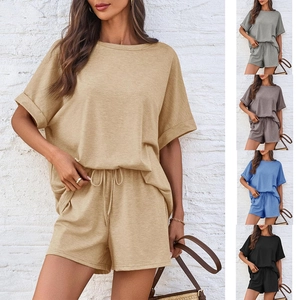 Damen Casual Loungewear Outfit Kurzarm T-Shirt Und Kordelzug Shorts Strick Spandex Mischung Sommer Lockerer Stil