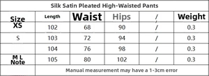 Guida alle taglie per pantaloni in raso a vita alta con misure di vita e fianchi