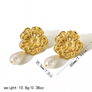 French style 18k gold flower earrings with drop pearls and detailed size measurements