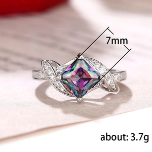 Square rainbow cubic zirconia silver ring with 7mm stone and 3.7g weight specifications