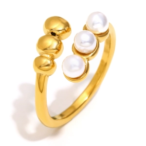 French style 18K gold plated stainless steel open ring with pearls and metal beads