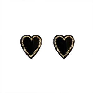 Retro black heart earrings with textured gold metal frame on a white background