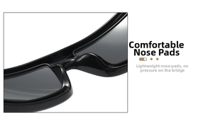 Detail view of smooth integrated nose pads on black square wrap-around punk sunglasses