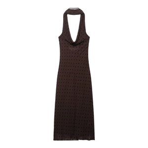 Halter Neck Polka Dot Dress Backless Elegant Sleeveless Mesh Chiffon Maxi Coffee Brown For Women Casual Fashion Summer