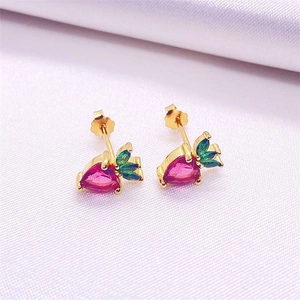 Elegant 925 sterling silver strawberry stud earrings with red and green gemstones