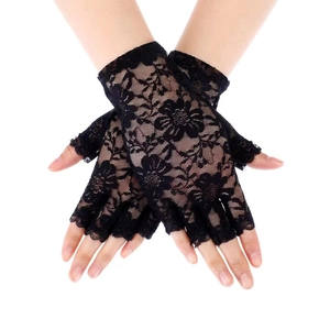 Detail of black lace fingerless gloves with floral pattern for women and weddings