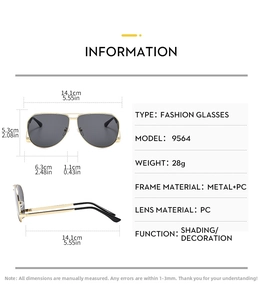 Detailed size chart for metal pilot sunglasses with frame and lens dimensions shown