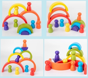Creative building ways for wooden rainbow arch blocks with colorful peg dolls for kids