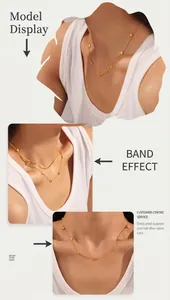 Detail of a minimalist gold layered heart necklace showing the drop effect on a model