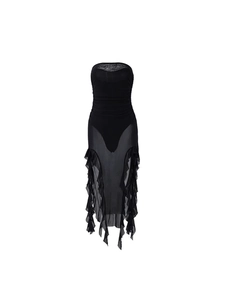 Sexy black tube top bodycon dress with sheer mesh patchwork and ruffle hem