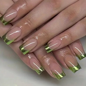 French tip coffin nails with metallic green finish and natural pink base on hand