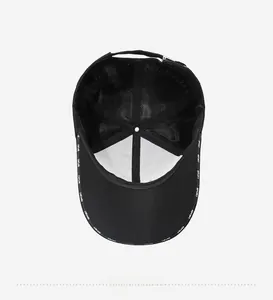Detail of black baseball cap interior with breathable mesh and SPORT printed lining